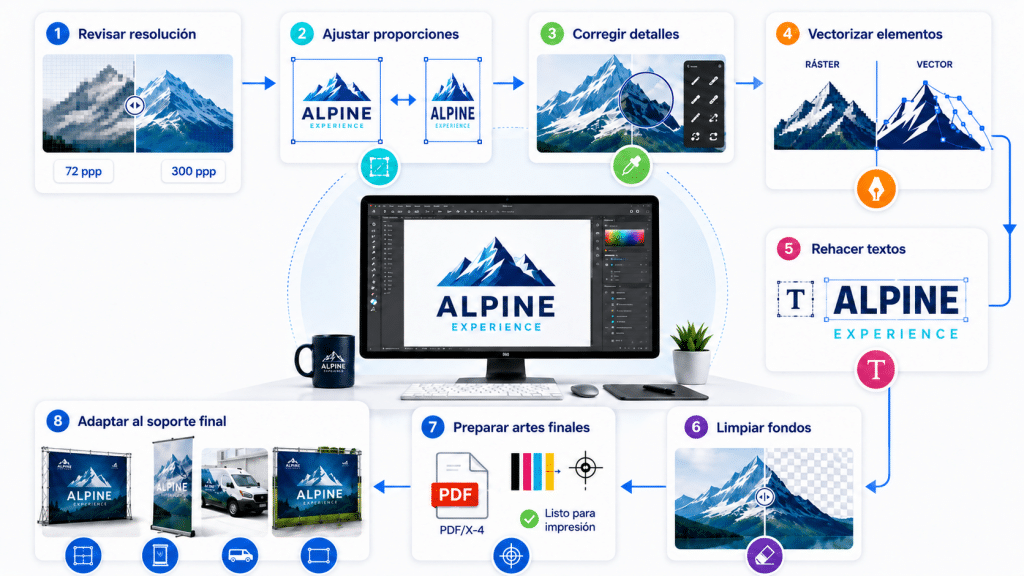 Proceso técnico para adaptar un diseño generado con IA a impresión profesional y producción gráfica