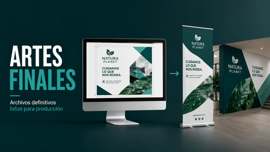 Diseño y maquetación de artes finales preparados con medidas, guías y archivos listos para producción.