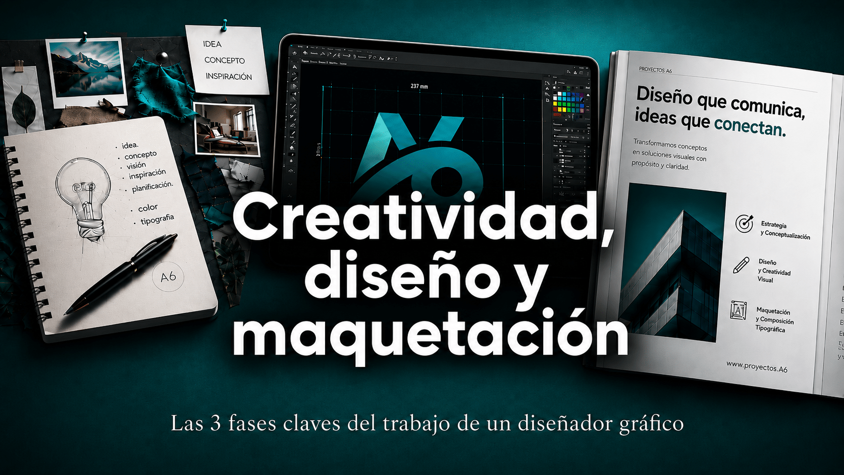 Creatividad, diseño y maquetación como fases clave del trabajo de un diseñador gráfico profesional.