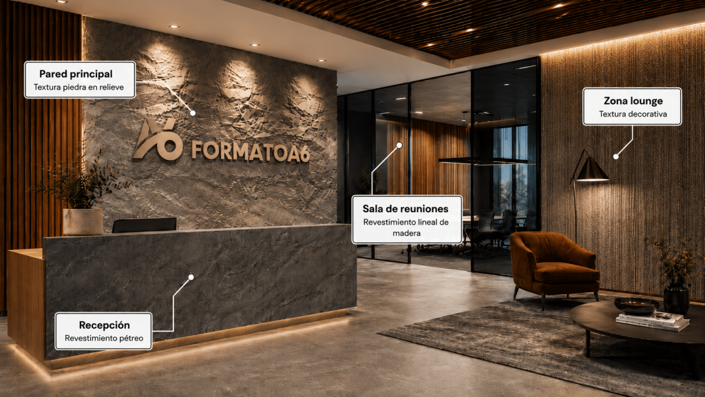 Recepción corporativa con pared principal en textura piedra en relieve, mostrador con acabado pétreo, sala de reuniones con madera lineal y zona lounge decorativa
