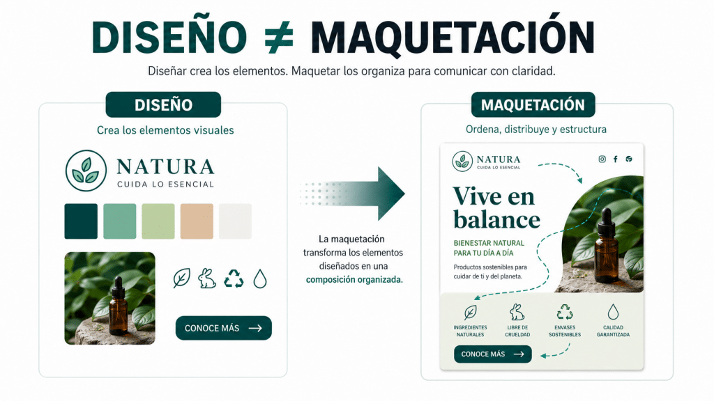 Diseño y maquetación comparados para mostrar cómo se crean y ordenan los elementos visuales.