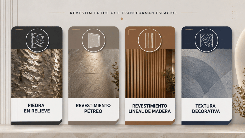 Infografía de revestimientos gráficos para renovar superficies con piedra en relieve, revestimiento pétreo, revestimiento lineal de madera y textura decorativa.