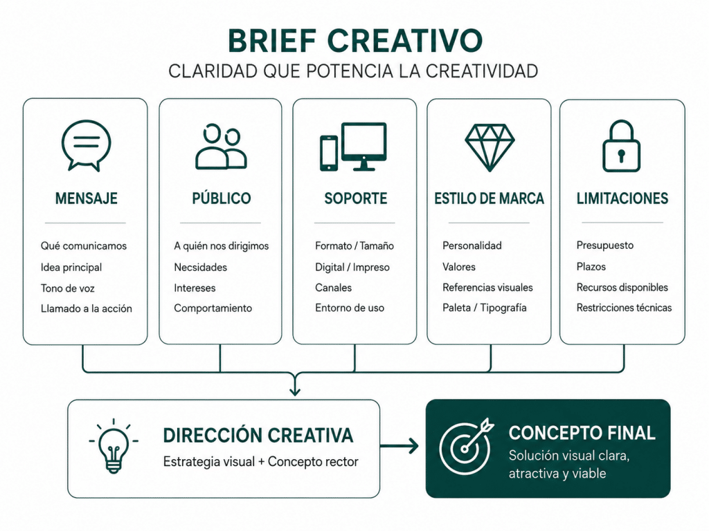 Creatividad y diseño organizados a partir de un brief claro, con mensaje, público, soporte y estilo de marca.