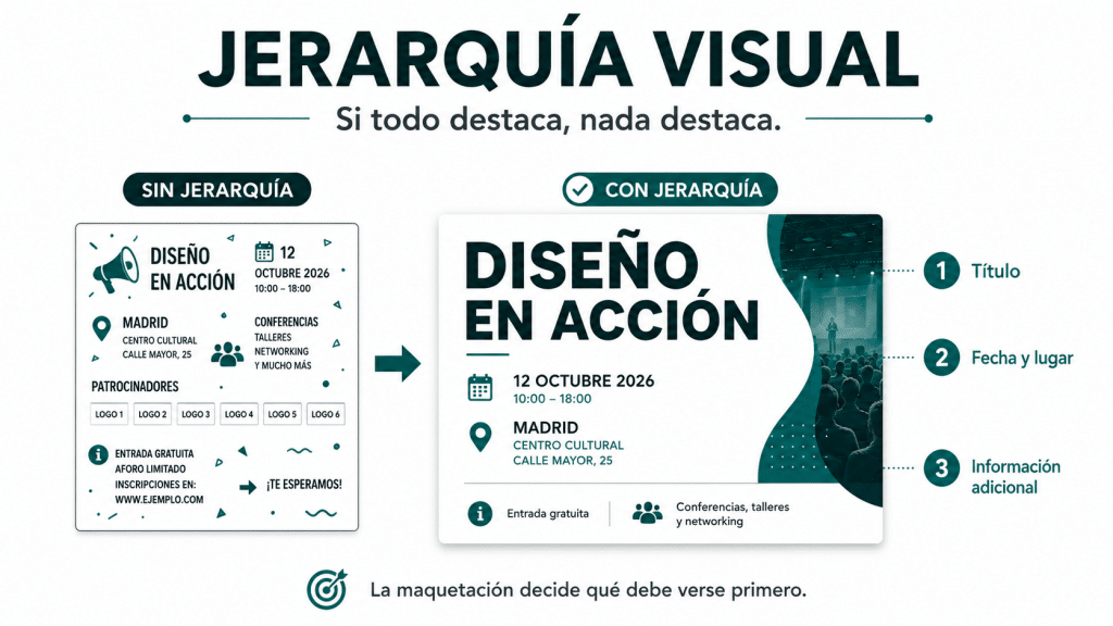 Maquetación con jerarquía visual para ordenar un cartel de evento y mejorar la lectura del mensaje.