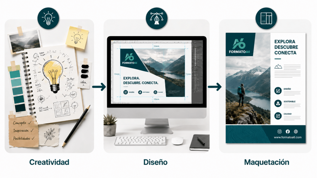 Creatividad, diseño y maquetación conectados en un flujo visual desde la idea hasta la composición final.