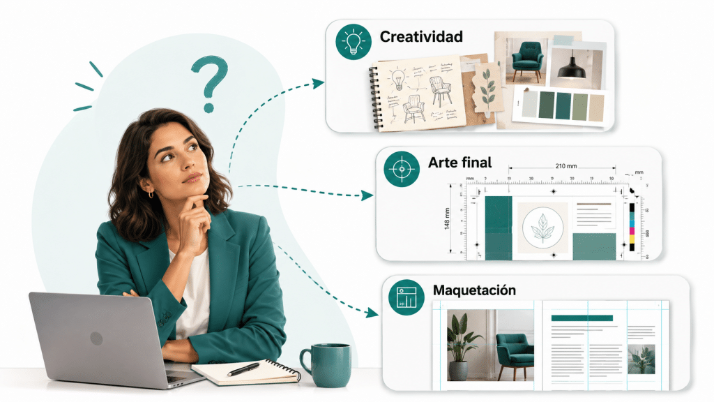 Cliente comparando creatividad, arte final y maquetación para entender cada fase del diseño gráfico profesional.