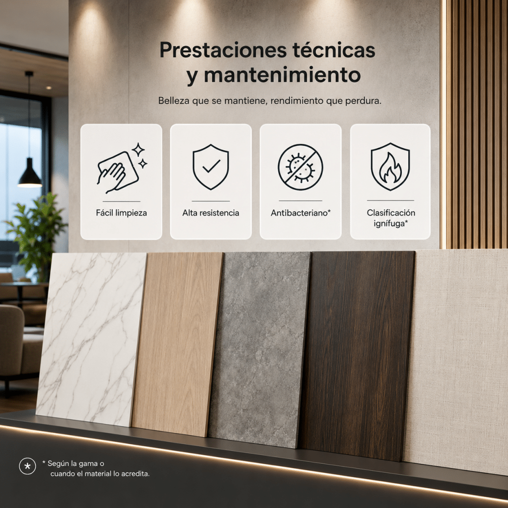 Infografía sobre prestaciones técnicas de materiales decorativos, destacando fácil limpieza, alta resistencia, acabado antibacteriano y clasificación ignífuga según la gama