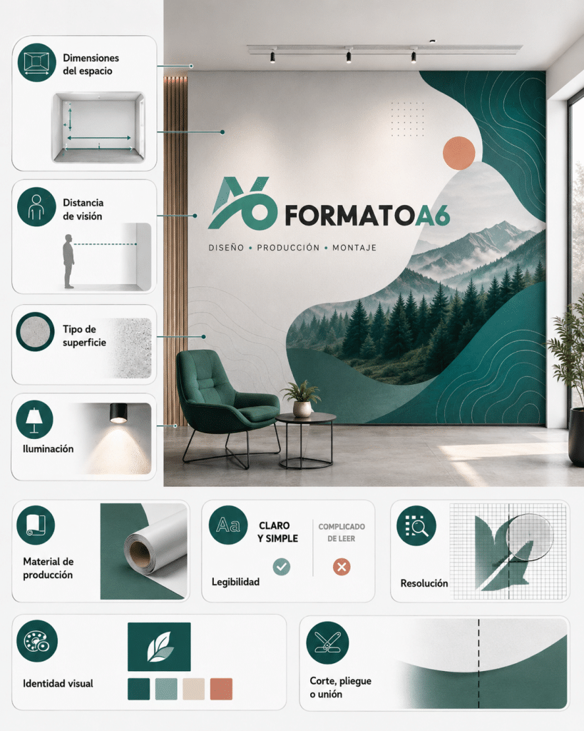 Diseño gráfico aplicado a rotulación con dimensiones, materiales, iluminación, superficie y legibilidad.