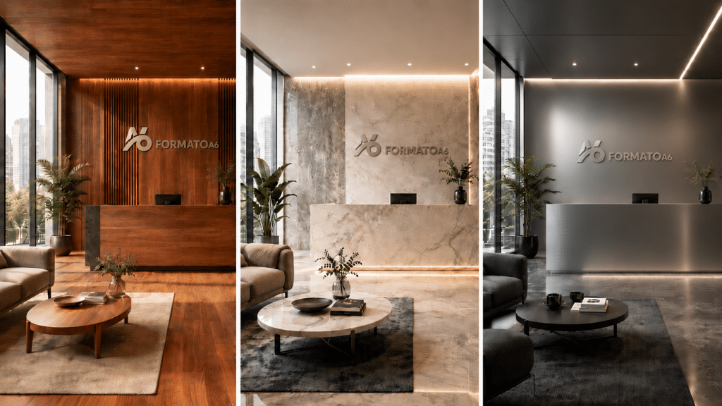 Tres recepciones corporativas con acabados decorativos en madera, mármol y metal, mostrando cómo los revestimientos gráficos transforman la percepción de un espacio.
