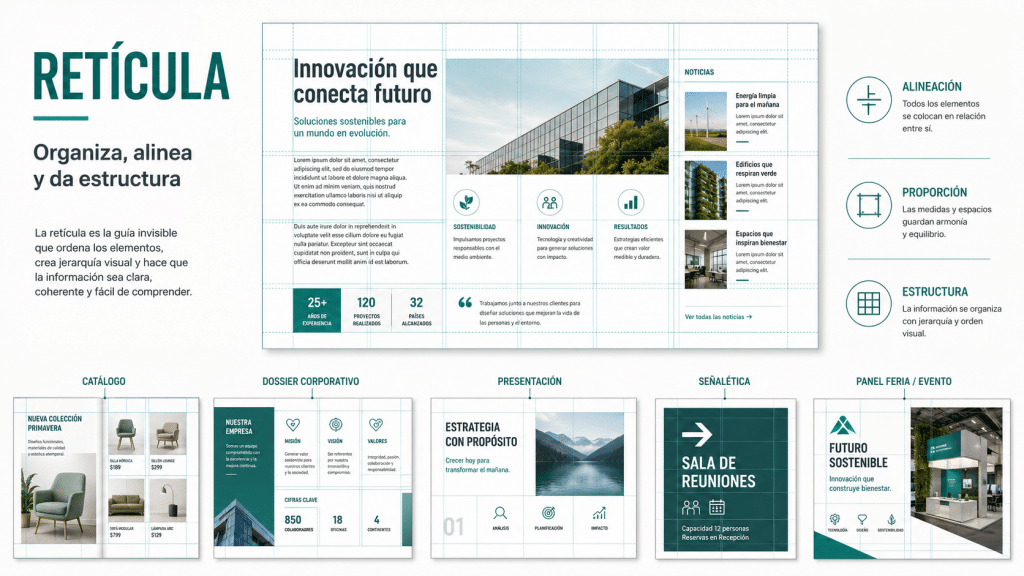 Maquetación con retícula para organizar textos, imágenes y bloques de información en piezas gráficas.