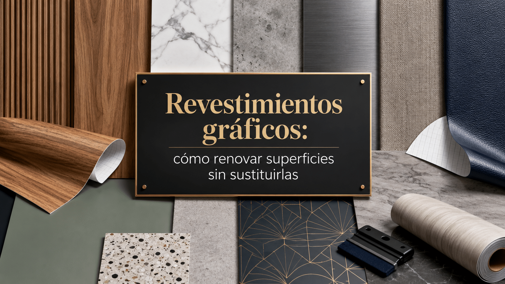 Selección de revestimientos gráficos para renovar superficies, con acabados decorativos en madera, piedra, metal, tejido y mármol aplicados a espacios interiores.