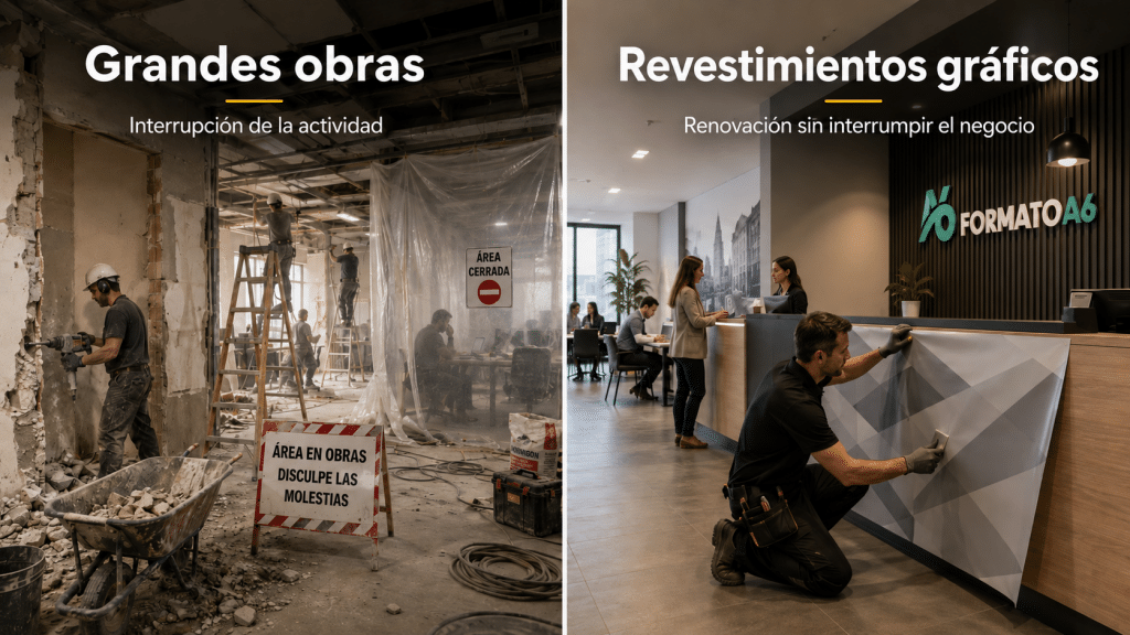 Comparativa visual entre una reforma con grandes obras y una instalación limpia de acabados decorativos sin interrumpir la actividad del negocio
